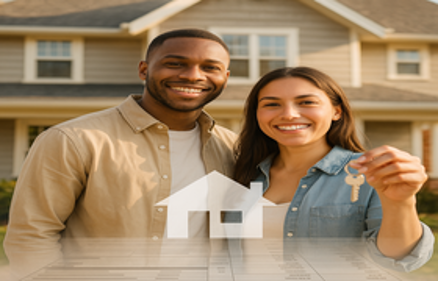 Smiling couple holding a house key in front of a suburban home with a house icon overlay, representing FHA loan mortgage needs