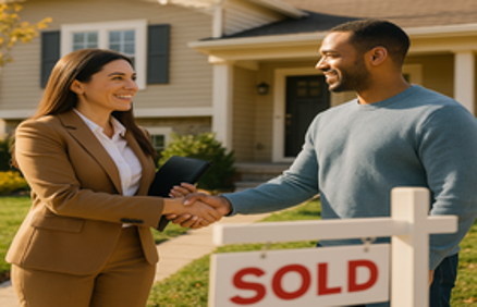 Real estate agent and client shaking hands in front of a suburban home with a SOLD sign, representing finding motivated sellers in your real estate market