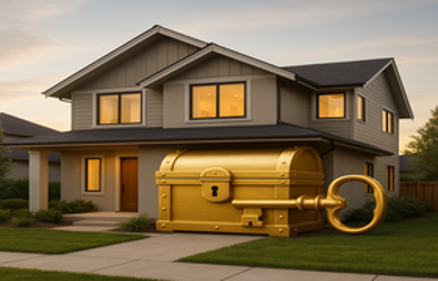 Suburban house at dusk with a golden treasure chest and key on the lawn, symbolizing unlocking hard money lending opportunities