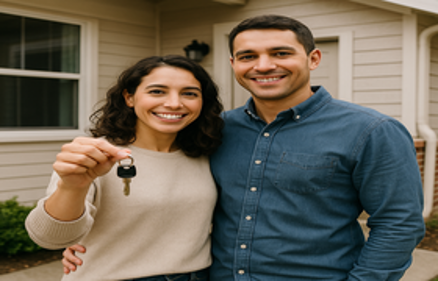 Smiling young couple holding house keys in front of their new home