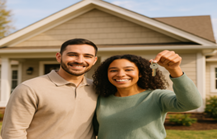 Happy young couple smiling and holding up the keys to their new home in front of a suburban house