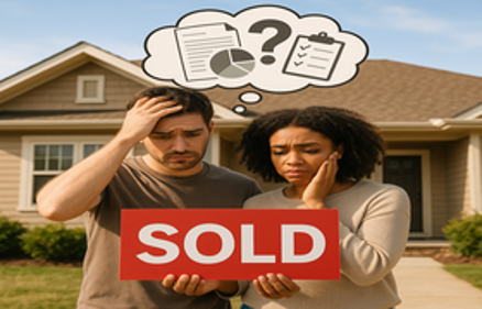 Stressed young couple holding a red SOLD sign in front of a house with a thought bubble showing documents and financial icons
