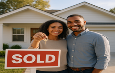 Happy young couple holding house keys in front of their new home with a SOLD sign in the foreground