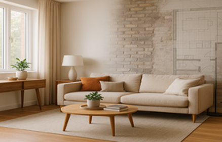 A living room renovation concept showing a transition from a finished modern interior to an unfinished state with exposed brick and an architectural blueprint overlay