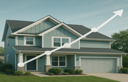 Suburban home with an upward trending line graph overlay, symbolizing FOMC interest rate decisions and housing market trends