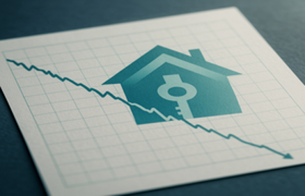 Conceptual graphic showing a house icon and a downward-sloping line graph on a grid, representing a decline in the housing market or interest rate shifts