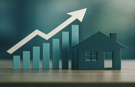Conceptual illustration of a rising bar chart with an upward arrow next to a house silhouette, representing rising interest rates in the housing market