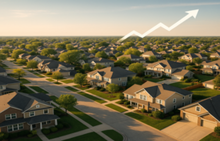 Aerial view of a suburban neighborhood with an upward trending arrow overlay, representing a healthy housing market and declining foreclosure rates