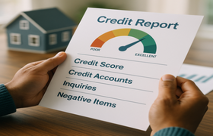 A person holding a credit report document showing a high credit score meter, with a small model house in the background on a wooden table