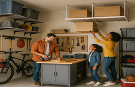 A family organizing a tidy garage with wall-mounted shelves, pegboard tools, overhead storage racks, and a workbench