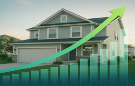 Suburban house with a green upward arrow and rising bar chart overlay, symbolizing GDP growth impacting the housing market