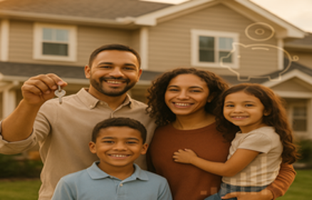 Smiling family of four holding house keys in front of a suburban home with piggy bank and growth chart overlays, representing government loan limits and homeownership