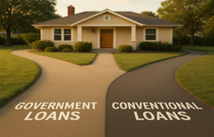Two paths labeled Government Loans and Conventional Loans converging toward a suburban home, representing the choice between mortgage loan types