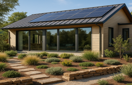 Modern eco-friendly home with solar panels and drought-tolerant landscaping