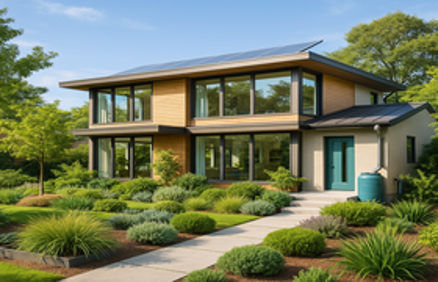 Modern eco-friendly home with solar panels, drought-tolerant landscaping, and a rain barrel