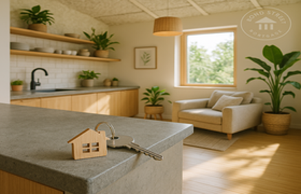 Modern eco-friendly home interior with house keys, natural wood, plants, and sustainable materials