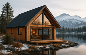 Modern wooden cabin with a steep gabled roof on a snowy lakeshore with mountains in the background, representing A-frame style homeownership