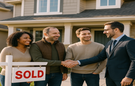 A real estate agent shaking hands with a happy couple in front of a suburban home with a prominent red SOLD sign in the foreground