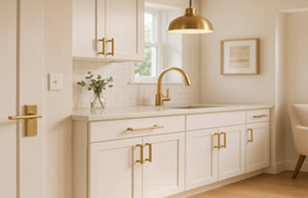 Modern kitchen with off-white cabinetry featuring elegant brushed gold hardware, including cabinet pulls, faucet, and pendant light