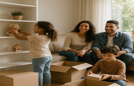 A happy family of four unpacking in their new home as children place toys on a shelf and open moving boxes, helping kids adjust to the move