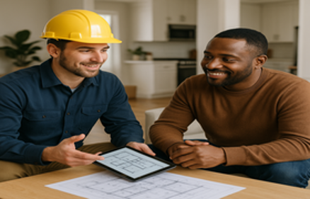 Contractor and homeowner reviewing home plans and blueprints together at a table
