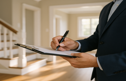 A professional in a suit writing on a clipboard during a home appraisal inside a modern residential interior