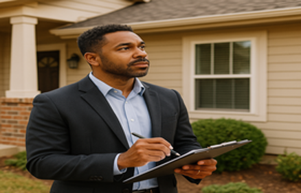 A professional home appraiser holding a clipboard and pen in front of a suburban house