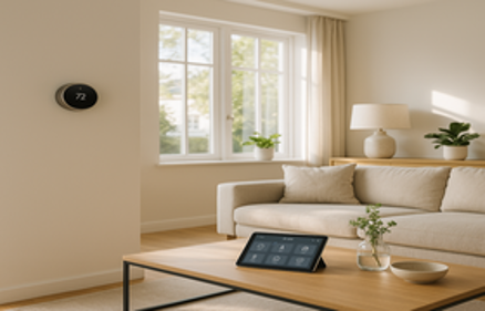 Modern living room with a smart thermostat on the wall and a tablet displaying a smart home control dashboard on the coffee table