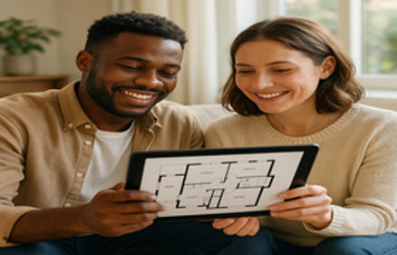 Smiling couple looking at a house floor plan on a tablet together, representing a collaborative home-buying partnership