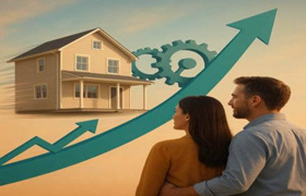 Couple watching a suburban house in motion with upward arrows and interlocking gears, representing home buying power despite rising mortgage rates