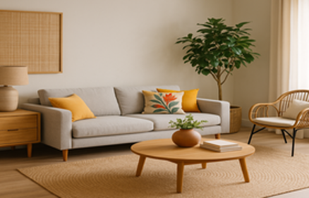 Modern living room with natural wood furniture, rattan chair, jute rug, and indoor plants