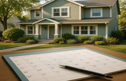Calendar and pen on a wooden table in the foreground with a suburban home blurred in the background, representing planning a home maintenance budget
