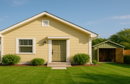 Well-maintained suburban home with yellow siding, green lawn, and open backyard shed under a clear blue sky