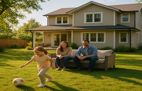 Family enjoying their backyard at their owned home with a child playing soccer on the lawn