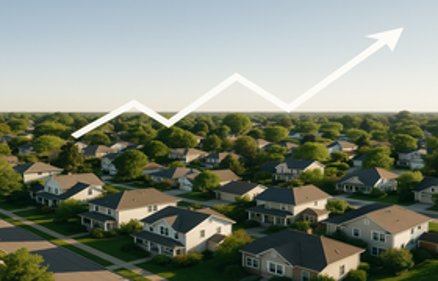 Aerial view of a suburban neighborhood with an upward trending white arrow overlay symbolizing home price growth trends