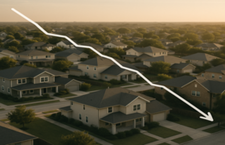 Aerial view of a suburban neighborhood at sunset with a downward trending white line graph overlay symbolizing slowing home price growth