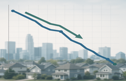 Downward trending line graph over a blurred residential neighborhood and city skyline symbolizing slowing home price growth in March