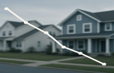 Suburban neighborhood with a downward trending white line graph overlay symbolizing slowing home price growth