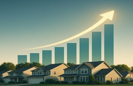 Suburban homes with an upward arrow and rising bar chart overlay symbolizing an uptick in home price growth