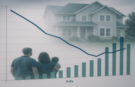 Family viewing a home with a downward trending line graph and bar chart overlay symbolizing slowing home price growth