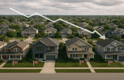 Aerial view of suburban homes with For Sale signs and a downward trending white line graph overlay symbolizing lower home prices in November