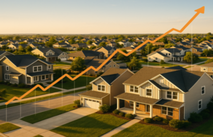 Aerial view of a suburban neighborhood with an orange rising line graph overlay symbolizing record home price highs