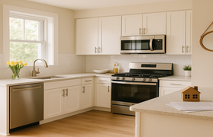 Modern renovated kitchen with white cabinets, stainless steel appliances, and light wood flooring