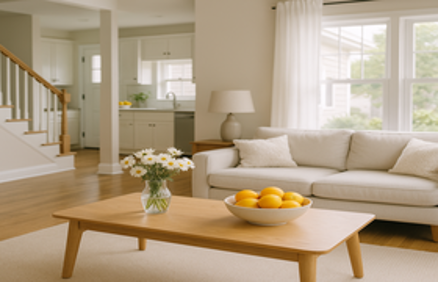 Bright living room with fresh lemons and daisies on a coffee table, creating an inviting atmosphere