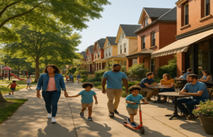 A happy family walks along a sunny, safe neighborhood sidewalk lined with colorful houses and an outdoor cafe