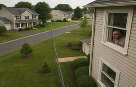 An older man looking out of a second-story window overlooking a suburban neighborhood, representing neighborhood oversight and homeowners association rules