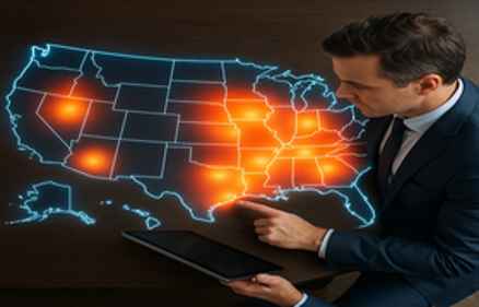Professional analyzing a glowing US map with orange hotspot markers on a tablet, representing how to find hot markets for real estate investment