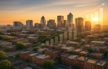 City skyline at sunset with an upward trending bar chart and line graph overlay, representing how to find hot real estate markets