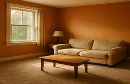 Warmly lit living room with simple furniture and dated but functional interior features