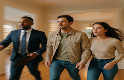 Real estate agent and couple moving quickly through a home with motion blur, representing house hunting under a time crunch